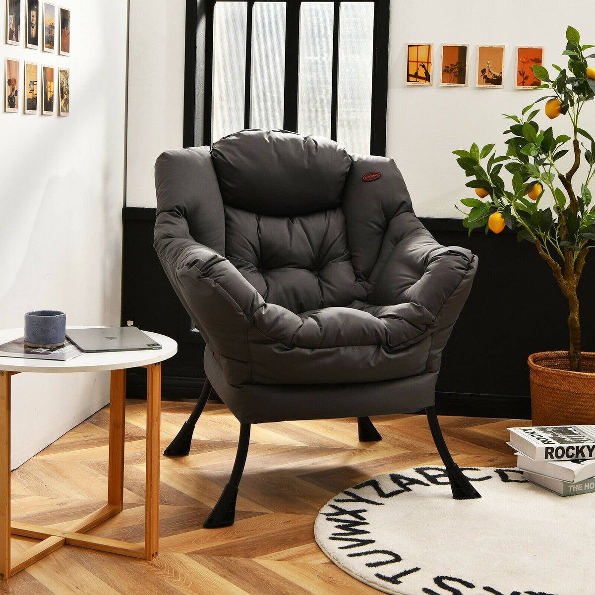 Modern Polyester Fabric Lazy Chair with Steel Frame and Side Pocket-Gray view 2