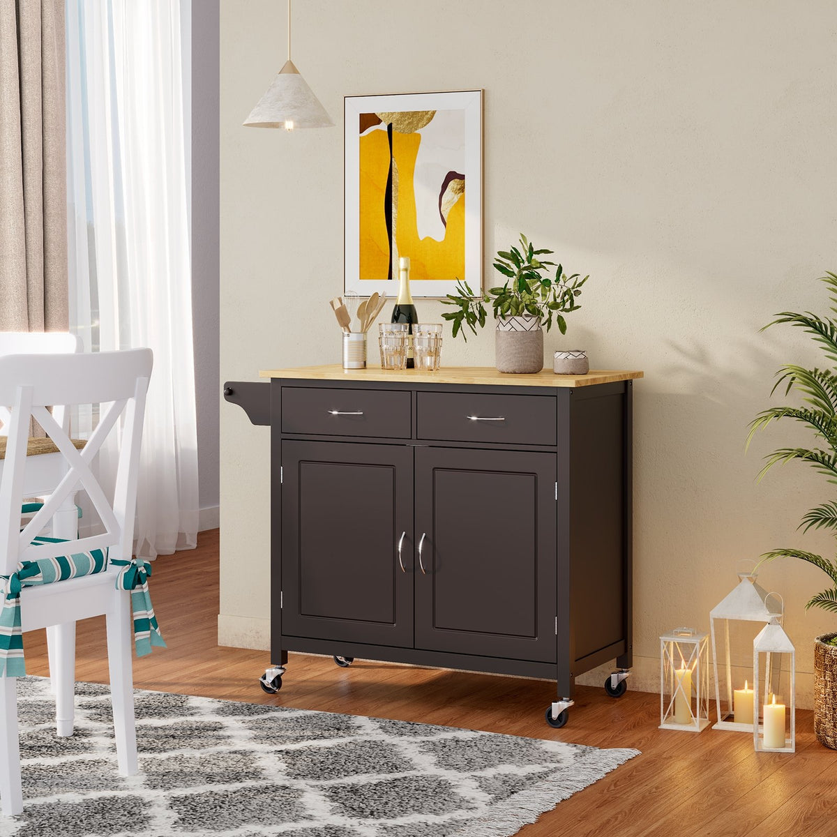 Modern Rolling Kitchen Cart Island with Wooden Top-Brown view 2