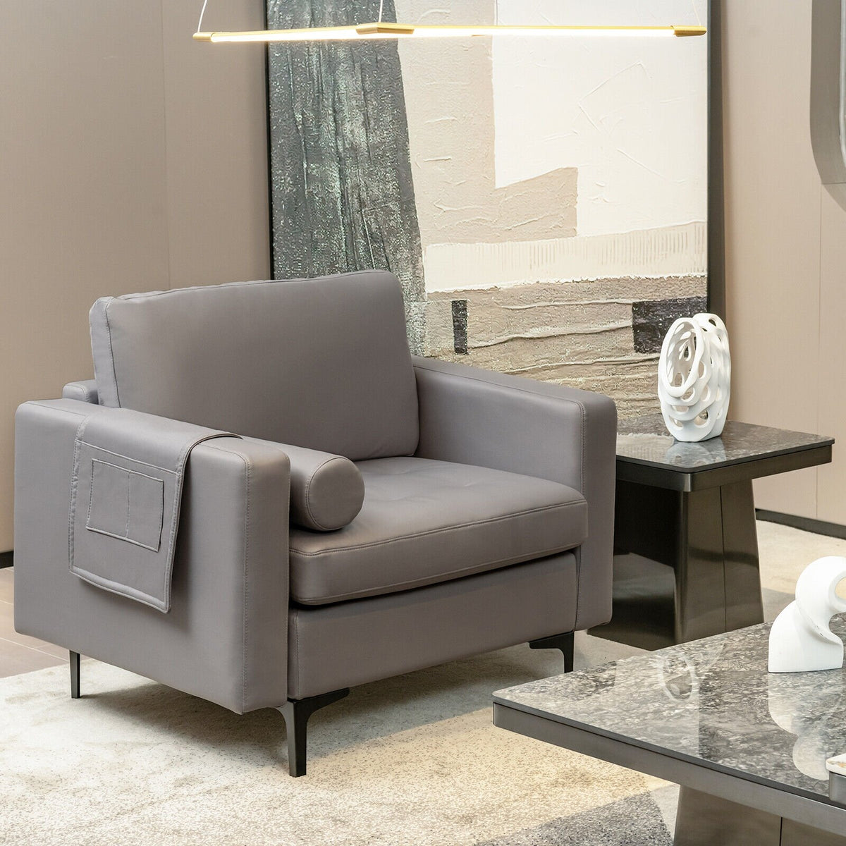 Modern Single Sofa with Cushion Bolster and Side Storage Pocket view 2