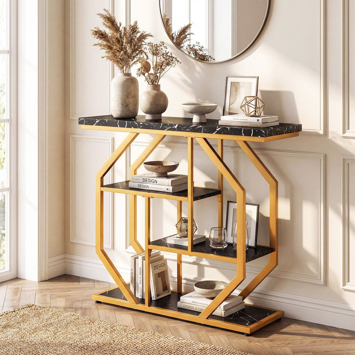 Modern Sofa Table Behind Couch 4-Tier Console Table with Faux Marble Tabletop-Black view 2