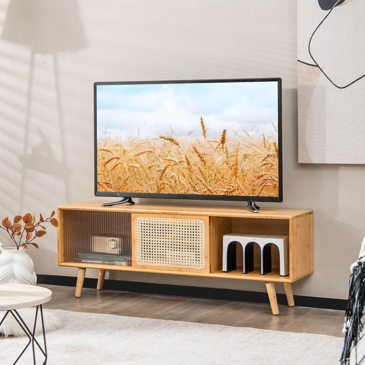 Modern TV Stand with Rattan Glass Sliding Doors-Natural view 2