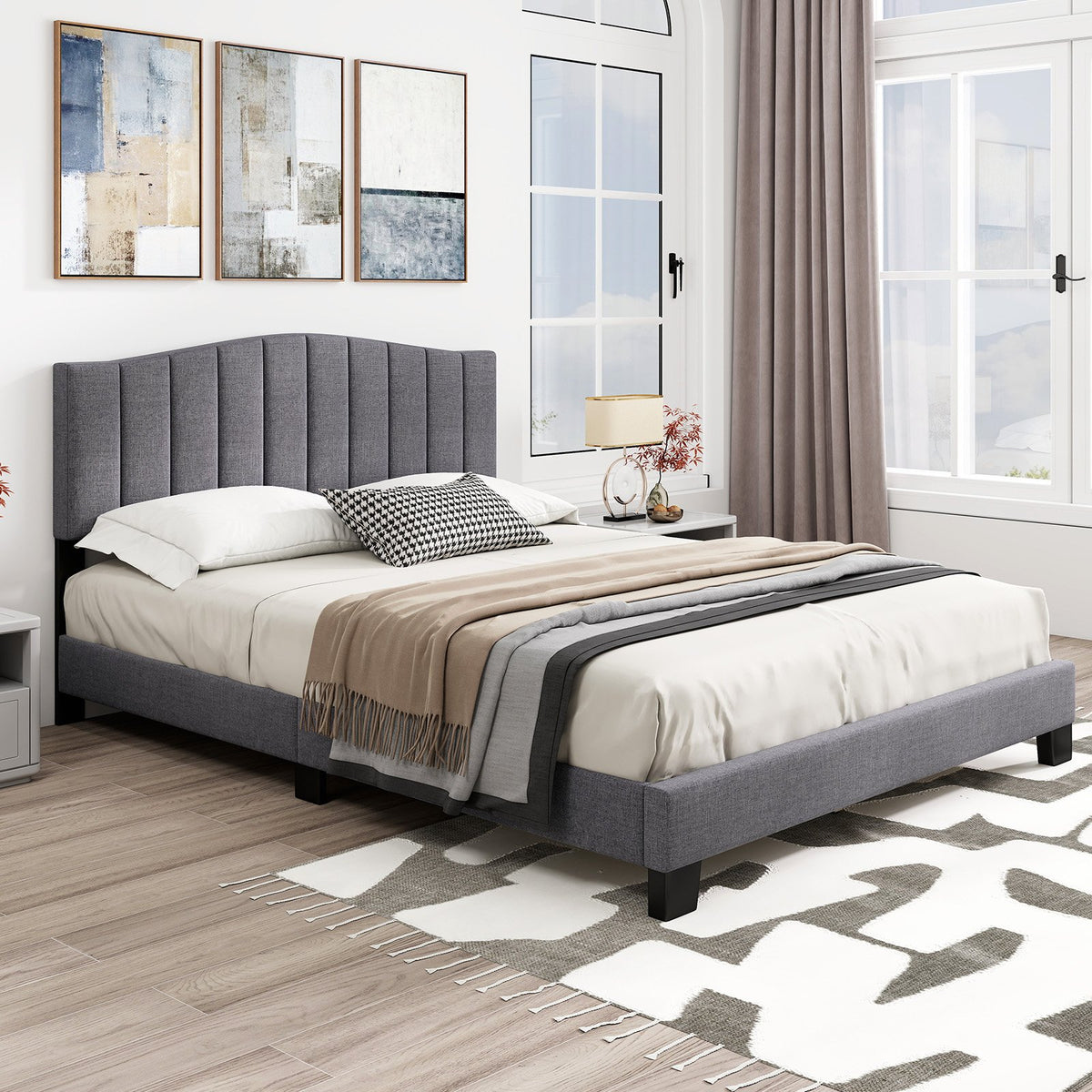 Modern Upholstered Bed Frame with Adjustable Vertical Channel Tufted Headboard-Queen Size view 2