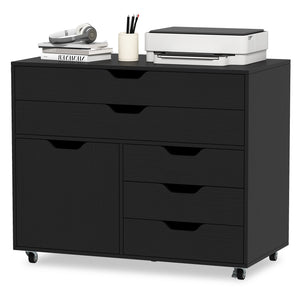 Modern Vertical 5-Drawer Mobile Chest with Door 5 Casters-Black view 4