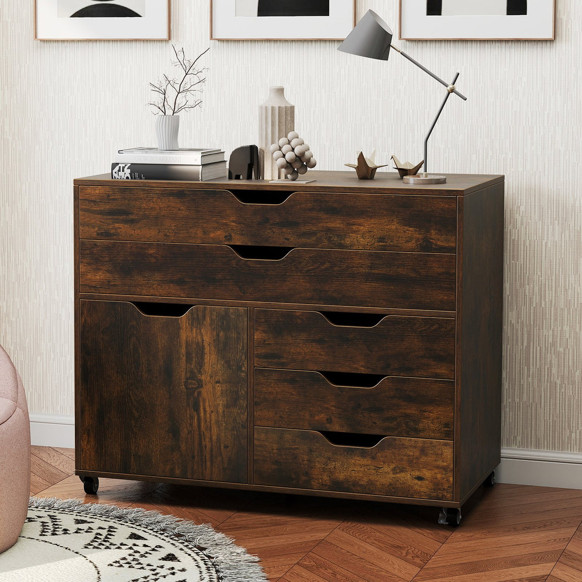 Modern Vertical 5-Drawer Mobile Chest with Door 5 Casters-Brown view 2