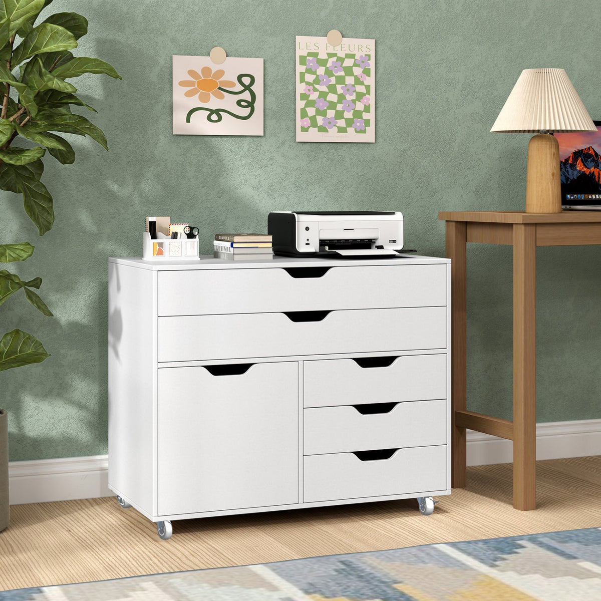 Modern Vertical 5-Drawer Mobile Chest with Door 5 Casters-White view 2