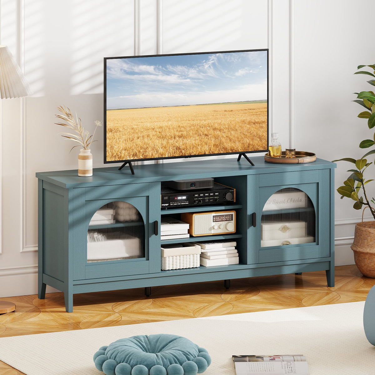 Modern Vintage TV Cabinet with Adjustable Shelves and 2 Cable Holes for TVs up to 65 Inches-Turquoise view 2