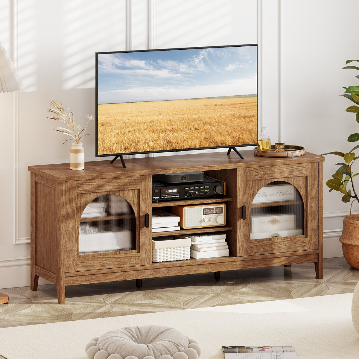 Modern Vintage TV Cabinet with Adjustable Shelves and 2 Cable Holes for TVs up to 65 Inches-Walnut view 2