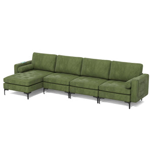 Modular 2-seat/3-Seat/4-Seat L-shaped Sectional Sofa Couch with Reversible Chaise and Socket USB Ports-4-Seat L-shaped-Army Green view 4