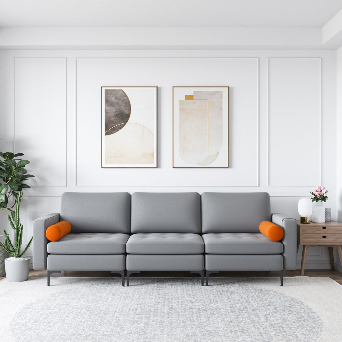 Modular 3-Seat Sofa Couch with Socket USB Ports and Side Storage Pocket-Gray view 2