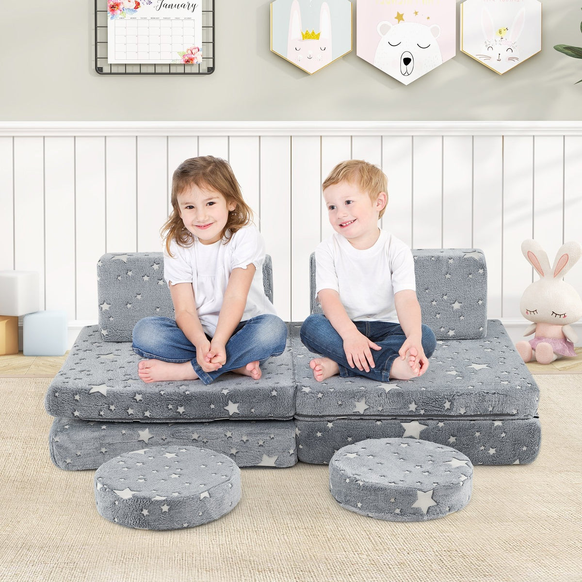 Modular Kids Play Couch Set Glow in the Dark with Portable Handles-Gray view 2