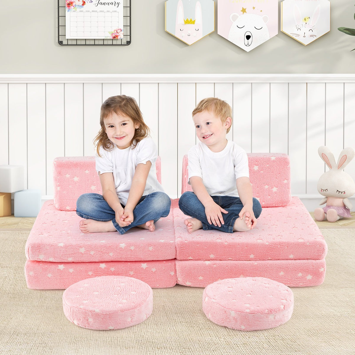 Modular Kids Play Couch Set Glow in the Dark with Portable Handles-Pink view 2