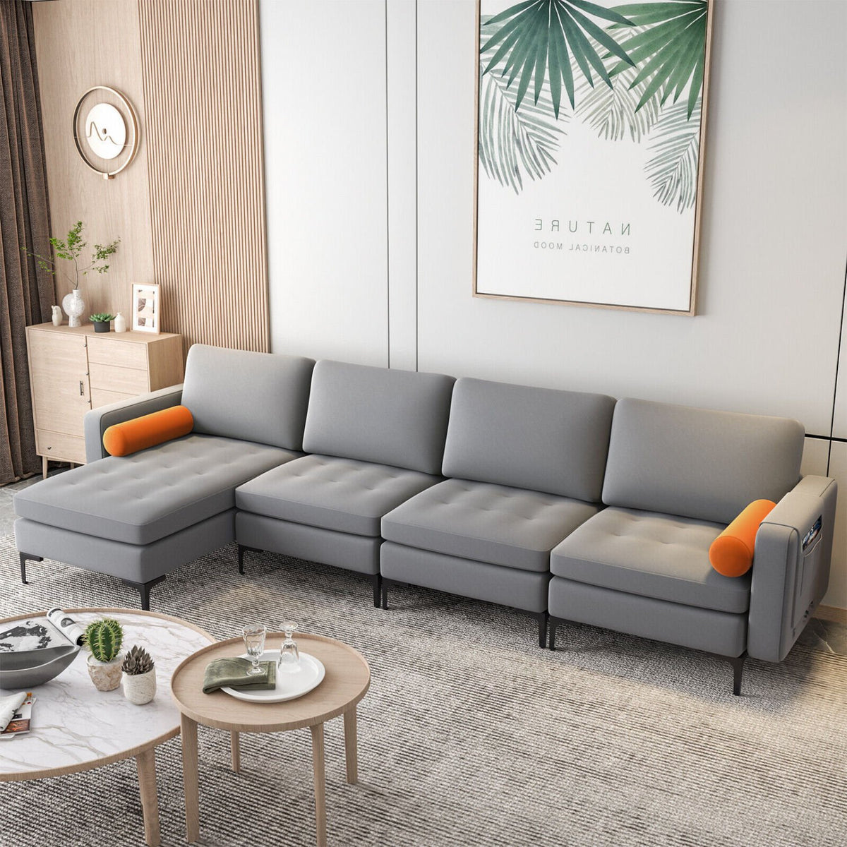 Modular L-shaped 4-Seat Sectional Sofa with Reversible Chaise and 2 USB Ports-Gray view 2