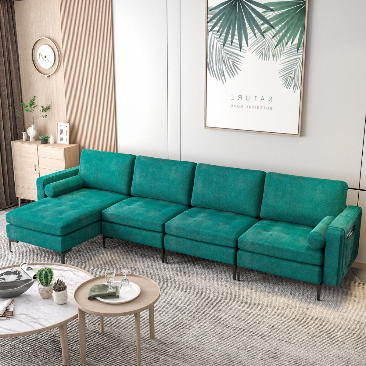 Modular L-shaped Sectional Sofa with Reversible Chaise and 2 USB Ports-Teal view 2