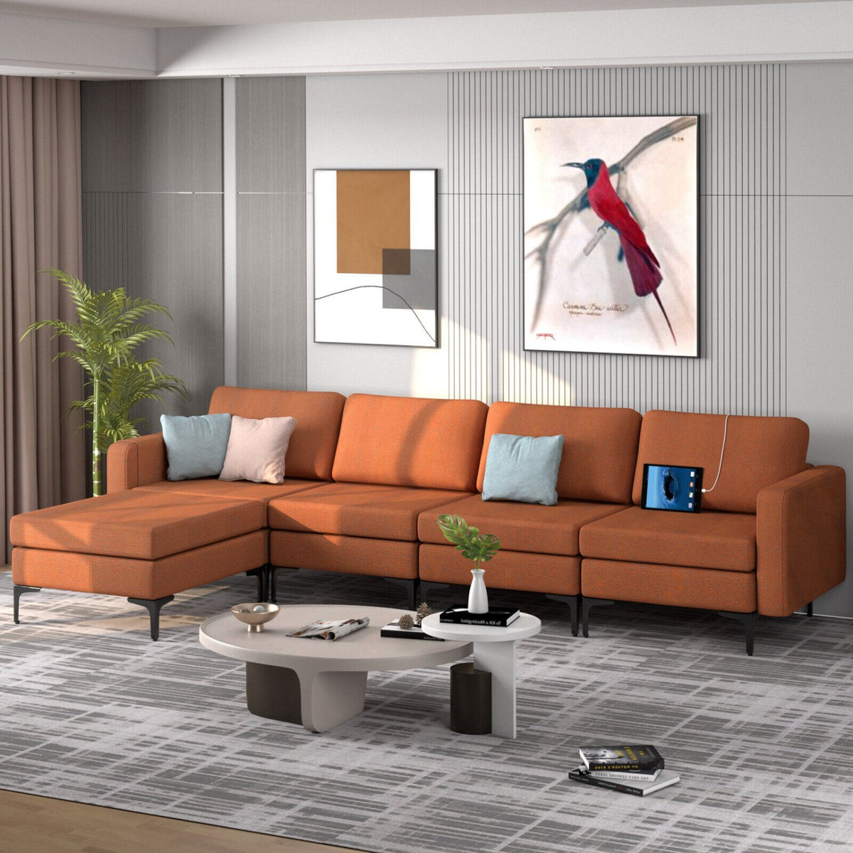 Modular L-shaped Sectional Sofa with Reversible Ottoman and 2 USB Ports-Orange view 2