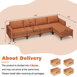 Modular L-shaped Sectional Sofa with Reversible Ottoman and 2 USB Ports-Orange view 4