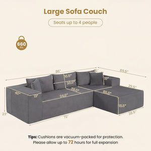 Modular Sectional Sofa Corduroy Upholstered L-shaped Sofa Couch with Deep Seats-Gray view 4