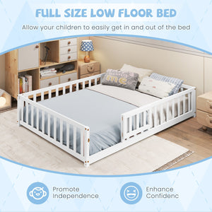 Montessori Bed Frame with Full-length Guardrails Safety Door and Latch-White view 8