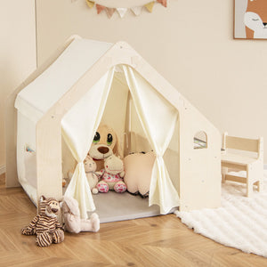 Montessori Style Indoor Playhouse with Storage Bin and Floor Mat for Toddlers Aged 2-6 Years Old-Beige view 3