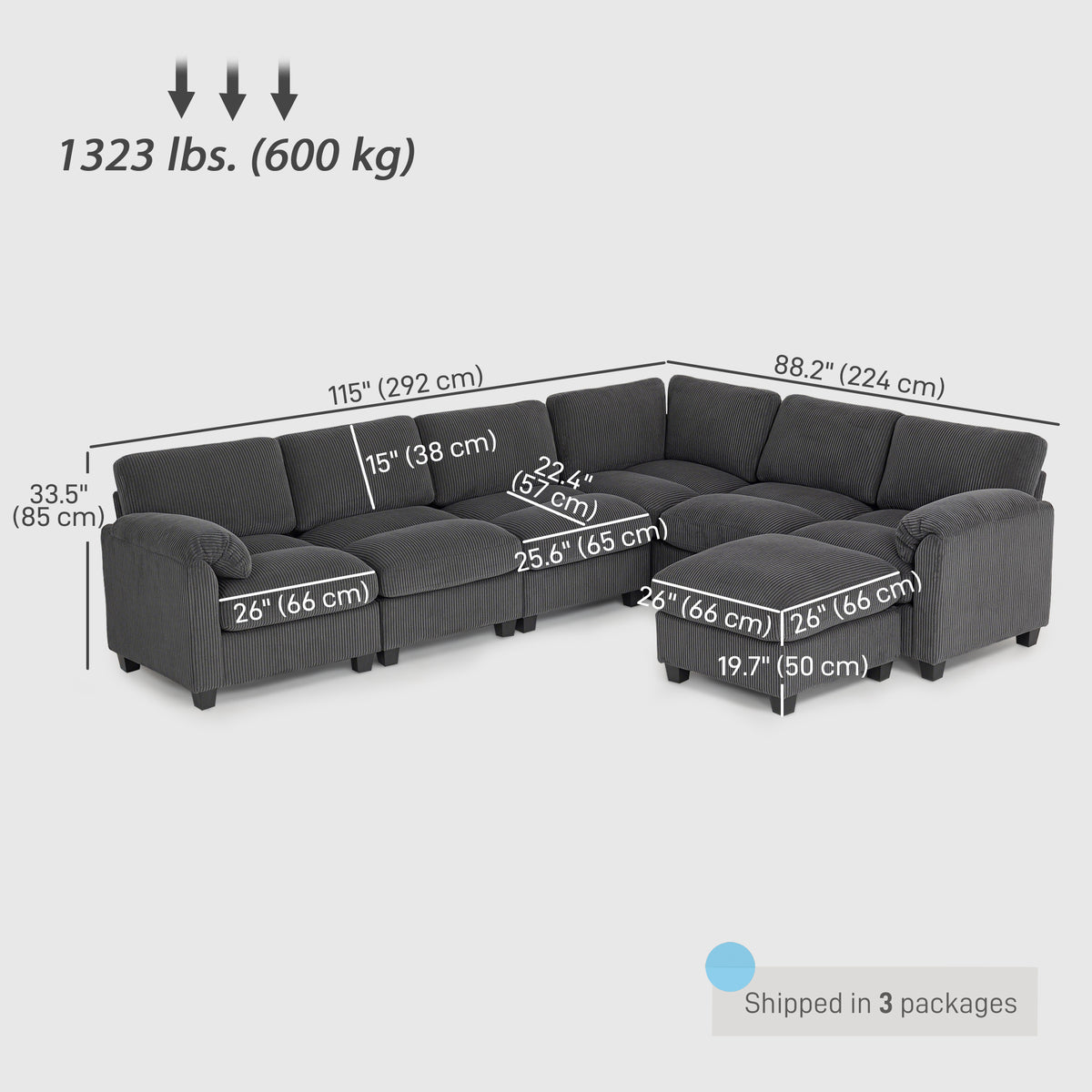 Modular Sectional Sofa, Oversized U-Shaped Couch with Spring Cushion, Corduroy Sofa for Living Room, Charcoal Grey