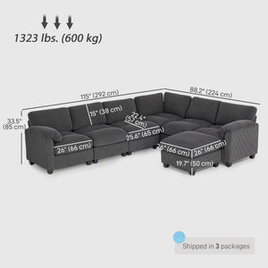 Modular Sectional Sofa, Oversized U-Shaped Couch with Spring Cushion, Corduroy Sofa for Living Room, Charcoal Grey
