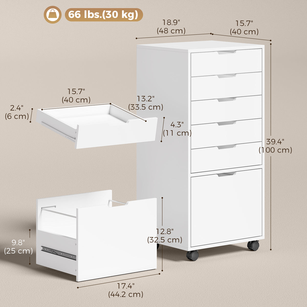File Cabinet on Wheels Mobile Printer Stand with 6 Drawers for Home Office White