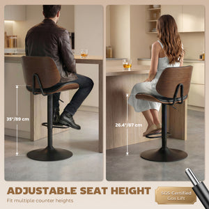 Bar Stools Set of 2, Swivel Counter Height Barstools with Back, Adjustable Height, Black