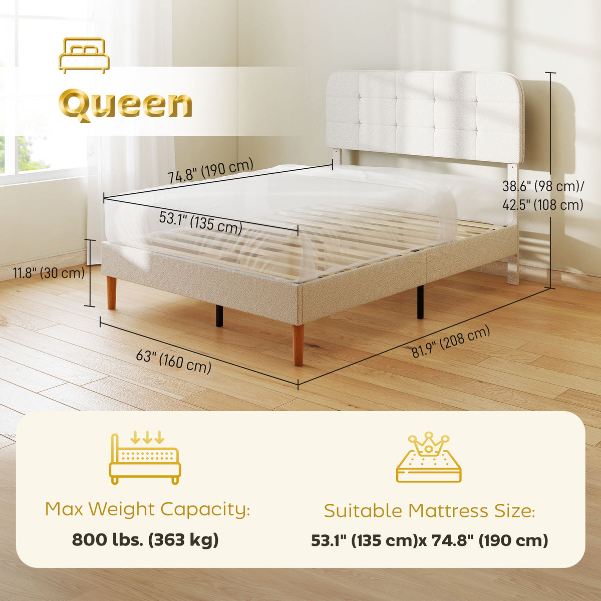 Queen Size Bed Frame with Adjustable Headboard Upholstered Platform Bed Frame with Wood Slat Support Noise – view 2