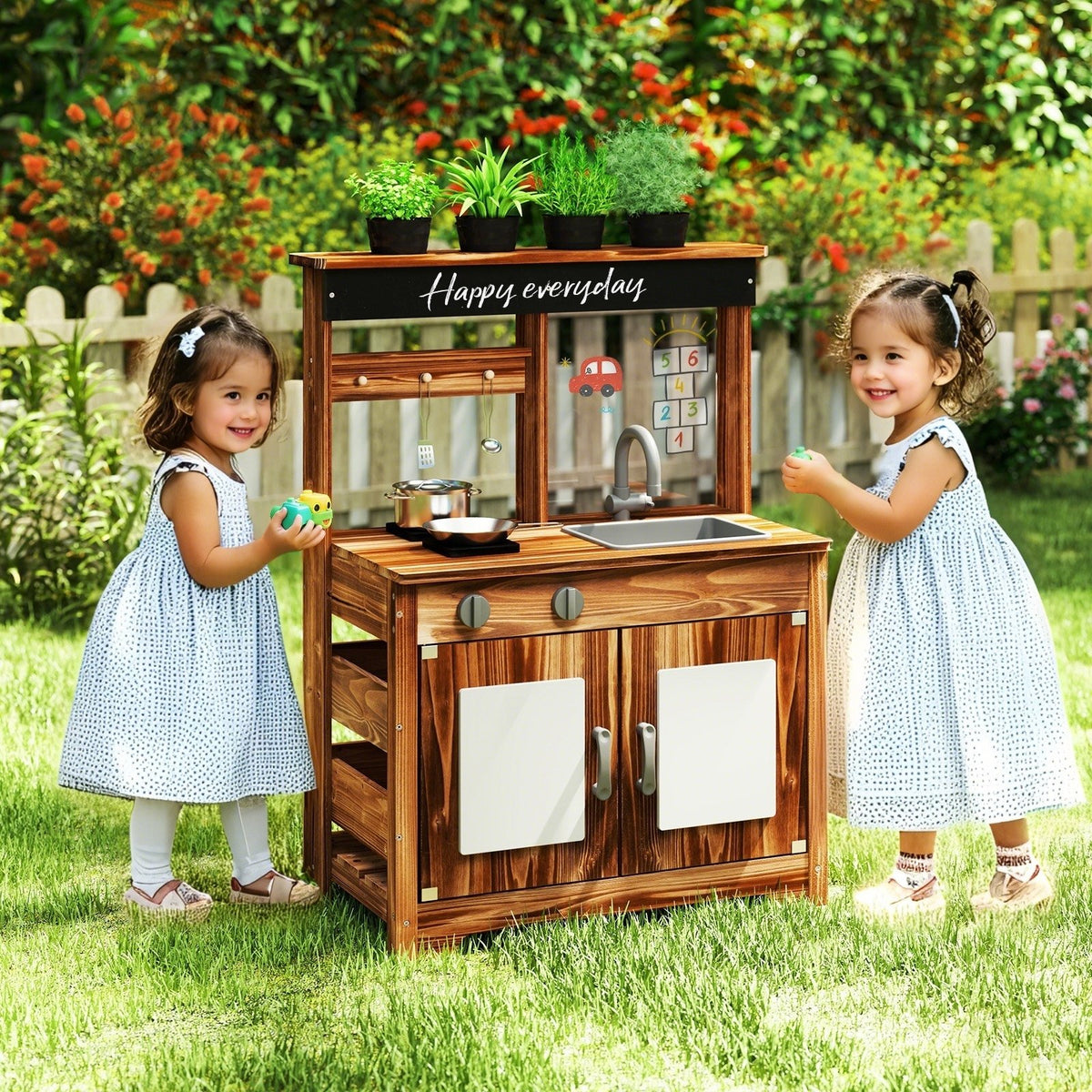 Mud Kitchen Fir Wood Play Kitchen with 4 Panting Pots Faucet Removable Sink-Natural view 2