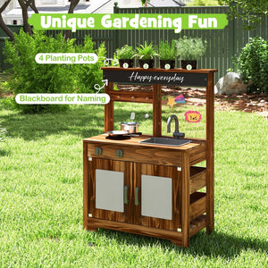 Mud Kitchen Fir Wood Play Kitchen with 4 Panting Pots Faucet Removable Sink-Natural view 6