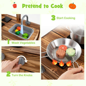 Mud Kitchen Fir Wood Play Kitchen with 4 Panting Pots Faucet Removable Sink-Natural view 7