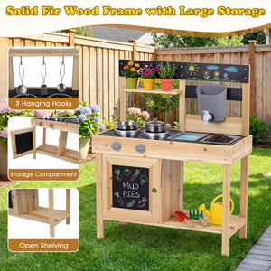 Mud Kitchen Playset Kids Play Kitchen Outdoor with 2 Removable Sinks-Natural view 7