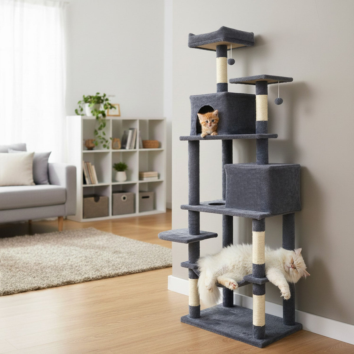 Multi-level Cat Tree Modern Cat Tower with Upholstered Perch and 2 Cat Condo-Dark Gray view 2
