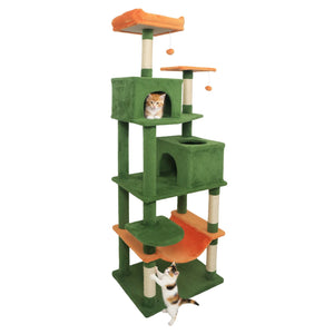 Multi-level Cat Tree Modern Cat Tower with Upholstered Perch and 2 Cat Condo-Green