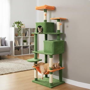 Multi-level Cat Tree Modern Cat Tower with Upholstered Perch and 2 Cat Condo-Green view 2