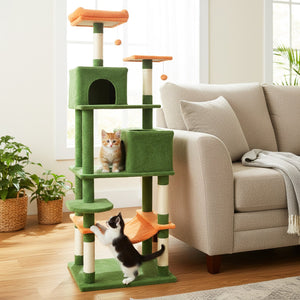 Multi-level Cat Tree Modern Cat Tower with Upholstered Perch and 2 Cat Condo-Green view 3