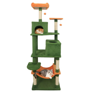 Multi-level Cat Tree Modern Cat Tower with Upholstered Perch and 2 Cat Condo-Green view 4