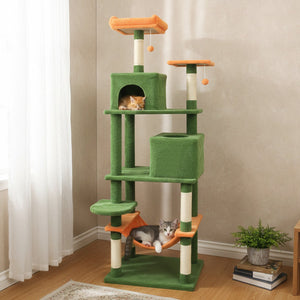 Multi-level Cat Tree Modern Cat Tower with Upholstered Perch and 2 Cat Condo-Green view 6