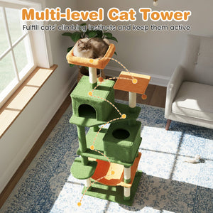 Multi-level Cat Tree Modern Cat Tower with Upholstered Perch and 2 Cat Condo-Green view 7