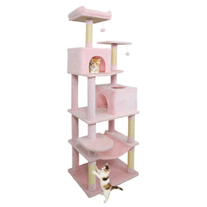 Multi-level Cat Tree Modern Cat Tower with Upholstered Perch and 2 Cat Condo-Pink