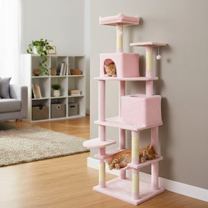 Multi-level Cat Tree Modern Cat Tower with Upholstered Perch and 2 Cat Condo-Pink view 2