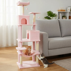 Multi-level Cat Tree Modern Cat Tower with Upholstered Perch and 2 Cat Condo-Pink view 3