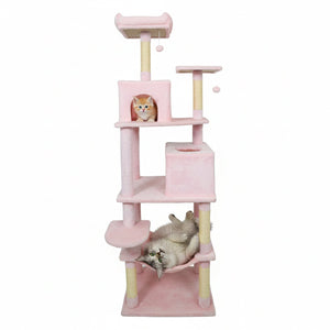 Multi-level Cat Tree Modern Cat Tower with Upholstered Perch and 2 Cat Condo-Pink view 4