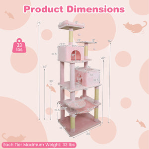 Multi-level Cat Tree Modern Cat Tower with Upholstered Perch and 2 Cat Condo-Pink view 5
