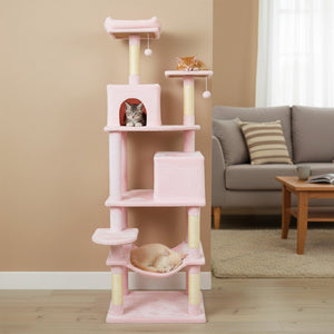 Multi-level Cat Tree Modern Cat Tower with Upholstered Perch and 2 Cat Condo-Pink view 6