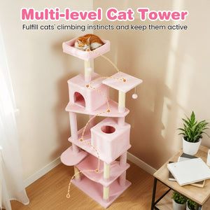 Multi-level Cat Tree Modern Cat Tower with Upholstered Perch and 2 Cat Condo-Pink view 7