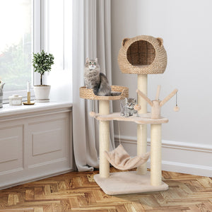 Multi-Level Cat Tree with Condo Hammock and Rotatable Hanging Balls-Natural view 3