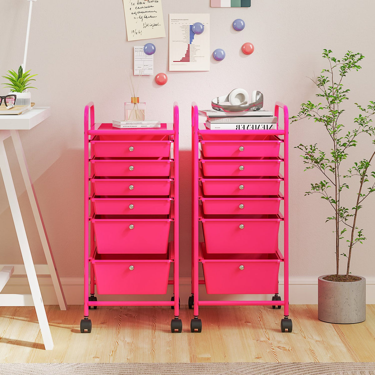 Multifunctional 6 Drawers Rolling Storage Cart Organizer-Rose Red view 2