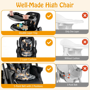 Multifunctional Folding Baby High Chair with Rolling Wheels and Adjustable Height-Black view 8