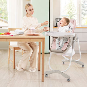 Multifunctional Folding Baby High Chair with Rolling Wheels and Adjustable Height-Pink view 2