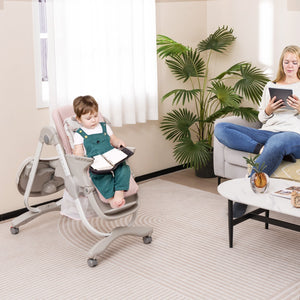 Multifunctional Folding Baby High Chair with Rolling Wheels and Adjustable Height-Pink view 3